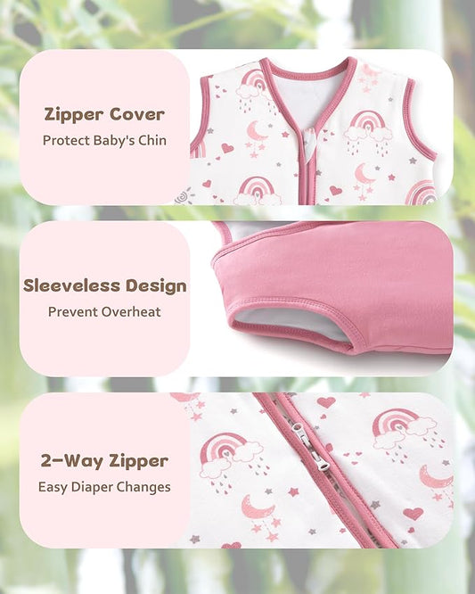 Rayon Made from Bamboo Baby Sleep Sack 6-12 Months, 1.0 Tog Baby Wearable Blanket, Soft Sleeping Bag for Newborn Infant Babies with 2-Way Zipper 2 Pack (Medium) Pink Rainbow