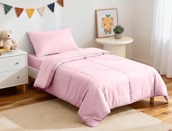 ZPECC Toddler Bedding Set - 4 Piece Hypoallergenic Baby Crib Bedding Set for Boys and Girls, Includes Toddler Comforter, Flat Sheet, Fitted Sheet and Pillowcase, Pink Stripe