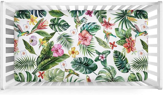 Green Tropical Leaves Floral Hummingbirds Baby Crib Sheets 52''x28'' Rainforest Monstera Leaves Snug Fitted Crib Mattress Covers for Boy Girl Soft Nursery Bed Sheet for Standard Crib Toddler Mattress