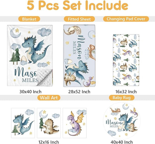 Custom Baby Crib Bedding Set, 5 Pcs Personalized Name Baby Crib Sets for Infant Toddler, Blue Dinosaur Nursery Bedding Set for Baby Boy, Double Layer Baby Bedding Sets Customized Gifts