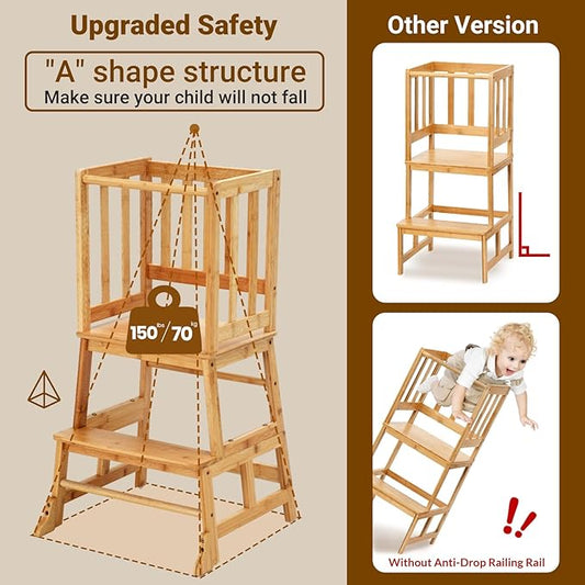 COSYLAND Toddler Kitchen Step Stool Helper - Wooden Standing Tower for Kids with Anti-Tip Support Legs (Natural)