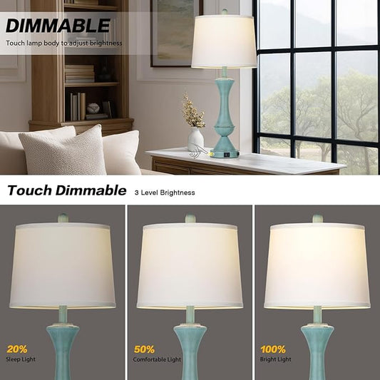 luxeflow 29" Coastal Tall Blue Table Lamps Set of 2 for Living Room, Touch Control Bedroom Lamps for Nightstand, 3-Way Dimmable Bedside Lamp with USB A+C Ports & AC Outlets (2 LED Bulbs Included)