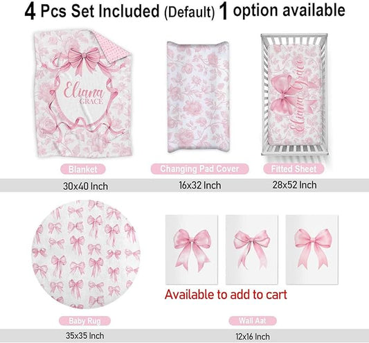 Personalized Baby Crib Bedding Set – Custom Name 4 Pcs Pink Bow Nursery Set with Minky Blanket, Fitted Sheet, Pad Cover & Rug, Soft Bedding for Girls, Ideal Shower Gift for Baby, New Parents