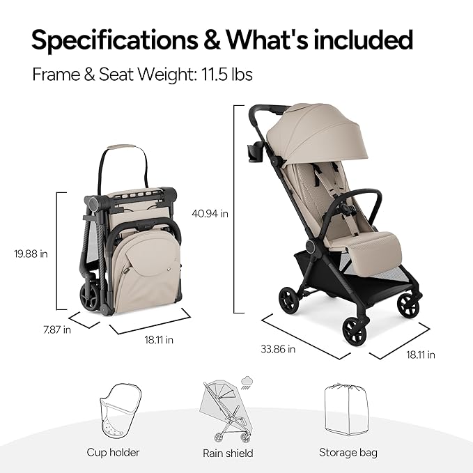 Mompush Nexis Carbon Travel Stroller, Ultra-Lightweight 11.5 lbs, Compact & Airplane Carry-On Approved, One-Second Auto-Fold, One-Hand Full Recline, from Birth to 50 lbs, JPMA Certified