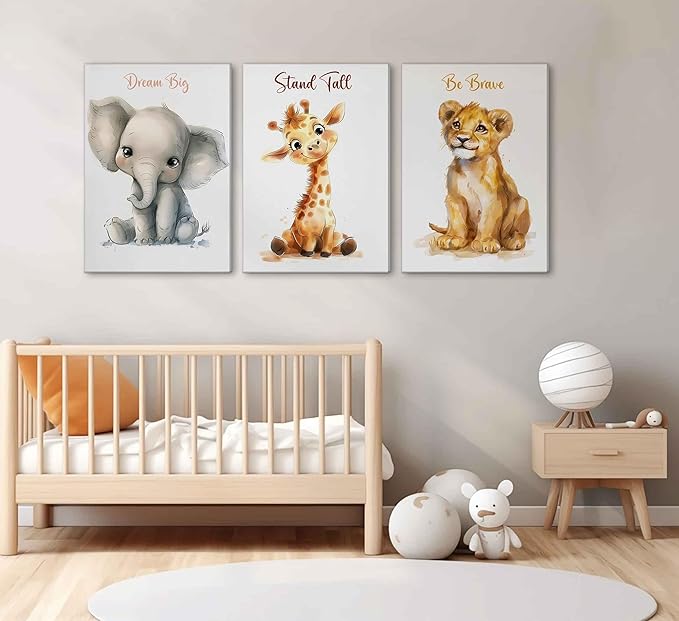 3 Pcs Safari Nursery Canvas Wall Art Kids Cute Inspirational Animal Lion Giraffe Elephant Painting Picture Wall Decor Poster Print Artwork for Baby Boys and Girls Room Home Decoration