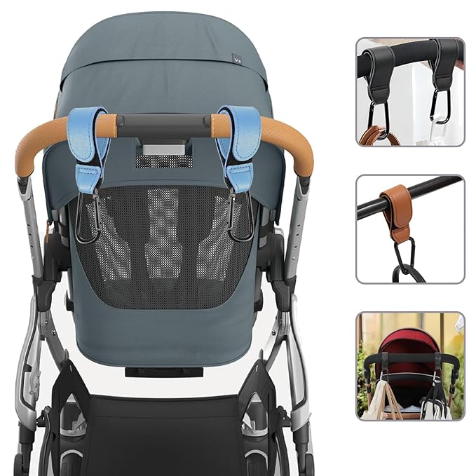 4 Pcs Leather Stroller Hook, Mommy Stroller Clip, Stroller Accessories Organizer Hook, Metal Hook for Strollers/Walkers/Mobility Scooter/Wheelchair/Rollator(Blue)