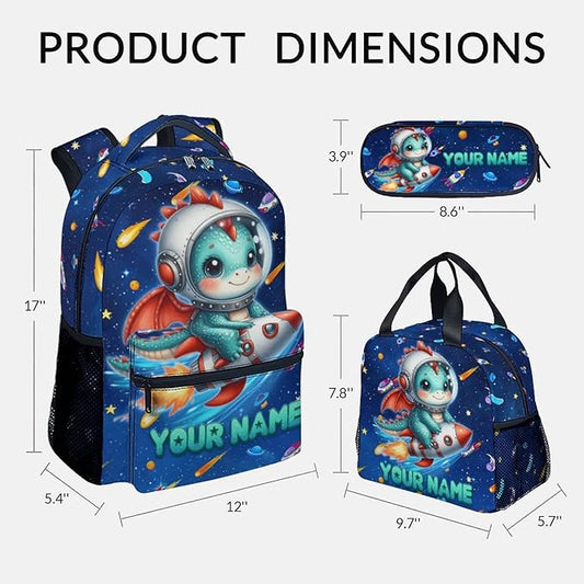 Backpack for Kids - Personalized Dragon Backpacks with Lunch Box - Custom Toddler Bookbag for Girls Boys - Planet School Bag Set for Kindergarten/Preschool/Elementary(17 Inch)