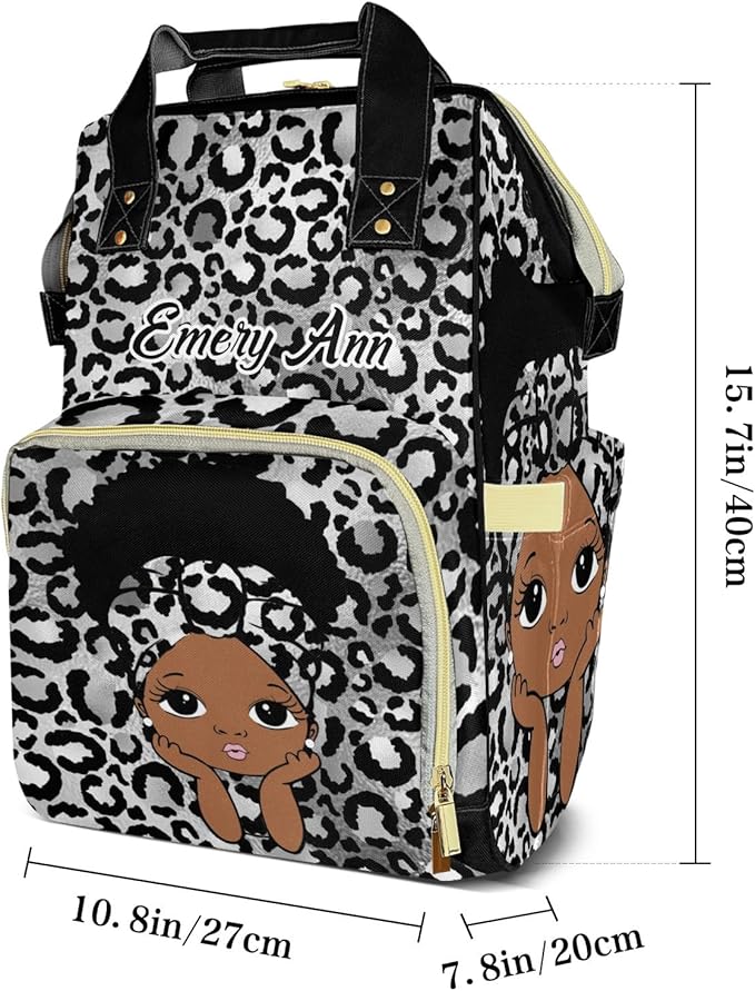 Personalized Black Silver Leopard Girl Custom with Name Diaper Bag Backpack For Baby Boy Girl Dad Mom Unisex for Adult Daypack Holiday Gift