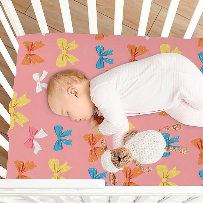Baby Crib Sheets Fitted Crib Sheet Standard Crib and Toddler Mattress for Boys Girls 39 * 27in Pink Starfish Shell Pattern (Wave Point Bow Pattern, Medium)