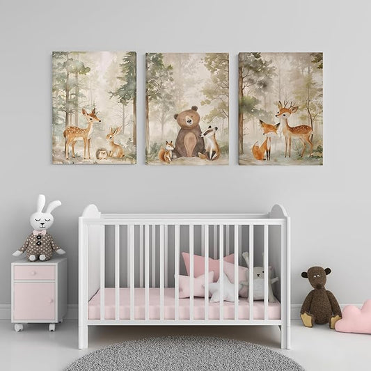 ICHZUMW Woodland Animals Nursery Wall Decor, Nursery Wall Art, Watercolor Deer Bear Fox Painting Print Artwork for Boys Girls Kids Room, Wrapped Canvas, Ready to Hang, 12x16in, Set of 3