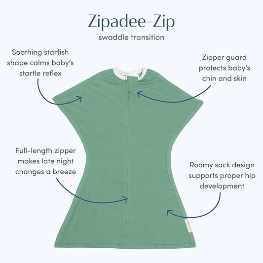 SleepingBaby Zipadee-Zip Transition Swaddle - Cozy Baby Swaddle Blanket with Zipper Convenience - Roomy Wearable Blanket for Easy Diaper Changes - Basil, Medium (6-12 Month) - 2 Pack