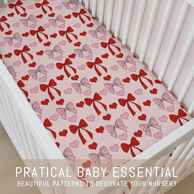 Ribbon Bows Heart Baby Crib Sheets for Boys Girls Pink Red Bows Ribbon Soft Stretchy Fitted Crib Mattress Covers for 52''x28'' Standard Crib & Toddler Mattress Baby's First Valentine's Love Bed Sheets