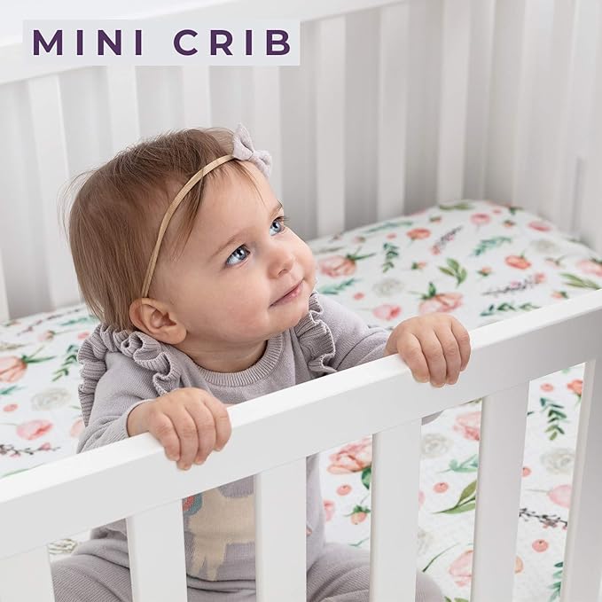 Pobibaby - 2 Pack Premium Pack N Play Sheets Fitted for Standard Pack and Plays and Mini Cribs - Ultra-Soft Cotton Blend, Stylish Floral Pattern, Safe and Snug for Baby (Allure)