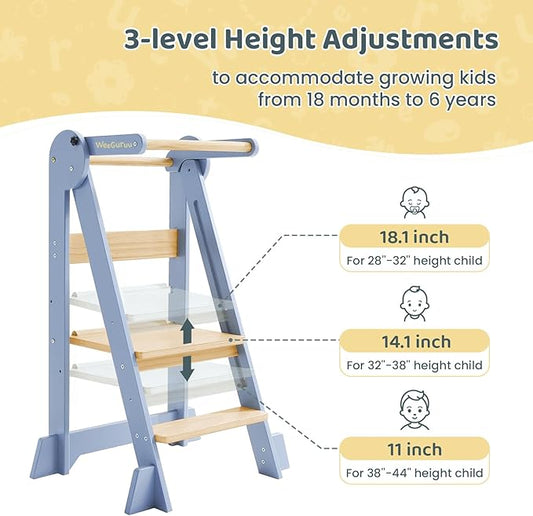 WeeGuruu Toddler Step Stool, Wooden Fold-able Standing Tower Kitchen Helper for Countertop, Bathroom, Montessori Kids Stool with Height Adjustable Platform for Ages 18 Mons to 6 Years Learning Skills
