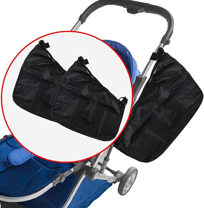 Anglepingping 2 Pack Universal Side Sling Stroller Cargo Net, Non-Slip and Adjustable Straps Storage Mesh Bag,Portable Mesh Storage Organizer (Black)