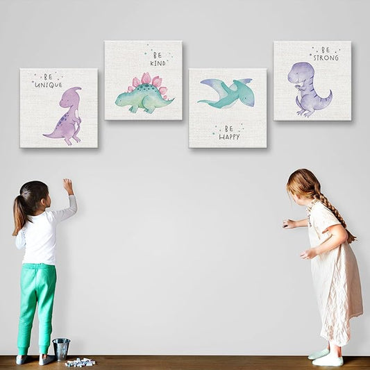 Cute Watercolor Dinosaur Prints Inspirational Motivational Quotes Canvas Wall Art Nursery Decor Wall Decor Funny Poster Artwork for Kids Room Classroom Bedroom Decoration (4PCS,Framed,7.9x7.9IN)