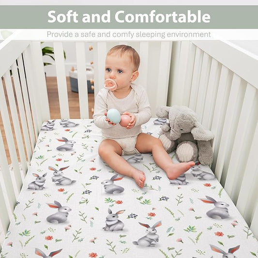 Easter Spring Bunny Flowers Baby Crib Sheets for Boy Girl 28"x52" Rabbit Boho Wildflower Soft Snug Fitted Crib Mattress Cover Garden Animal Nursery Baby Sheet for Standard Crib and Toddler Mattress