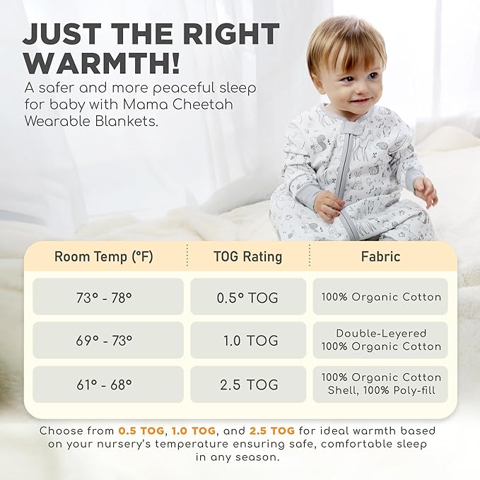 Mama Cheetah Toddler Sleep Sack with Feet, Long Sleeve 0.5 TOG Organic Cotton Baby Sleeping Bag with Legs, Wearable Blanket for Walkers w/ 2-Way Zipper, Toddler Blanket for Girls & Boys 3-4T