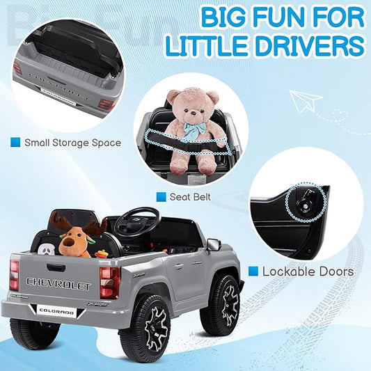 Winado Licensed Chevrolet Colorado Electric Car for Kids, 12V Ride on Toys for Toddlers with Remote Control, Battery Powered Electric Car Ride On Vehicle w/Bluetooth, Soft Start, LED Lights - Gray