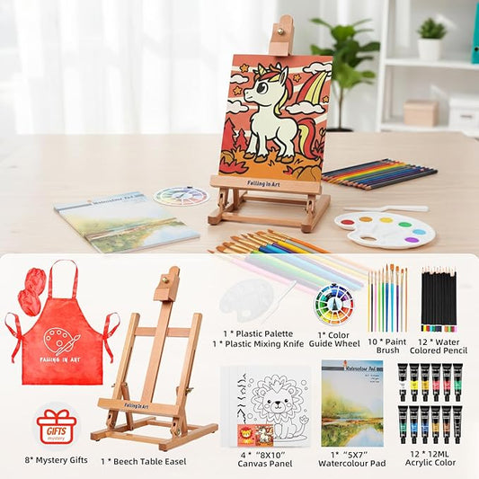 Falling in Art 52Pcs Acrylic Paint Set with Table Easel, Art Painting Kit with Acrylic Paints, Canvas Panels, Paintbrushes, Canvas Supplies Kit for Kids, Adults, Beginners, and Artists, Red
