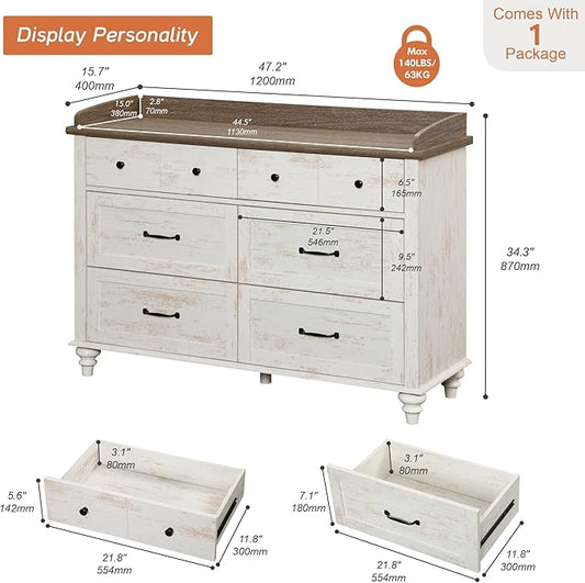 WAMPAT Baby Dresser with 6 Drawers for Kids Room, Antique White Kids Dresser Wooden Double Dressers for Bedroom, Storage Organizer for Children’s Bedroom, Nursery Furniture