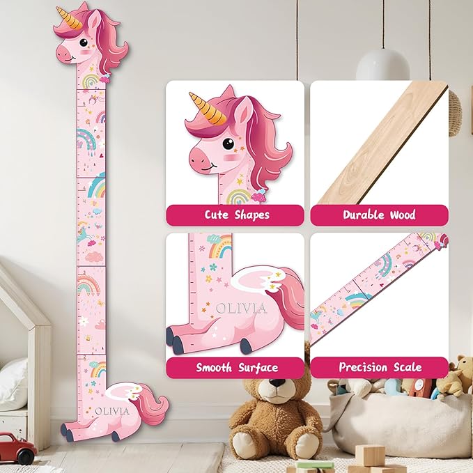 Woodemon Personalized Name Growth Chart for Kids, Unicorn Wooden Wall Decor Growth Chart, Wall Decor for Kids Room, Wooden Growth Chart for Wall and Nursery Medical Office Toddler Playroom