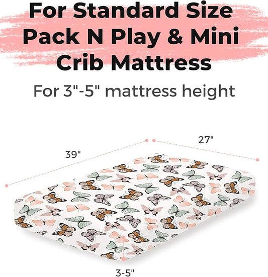 Pack and Play Sheets 2 Pack, Fitted Jersey Knit Mini Crib Sheets for Baby Boys and Girls, Compatible with Graco Pack N Play and Mini Crib Mattress (Butterfly Dance, Pack N Play/Mini Crib Sheets)