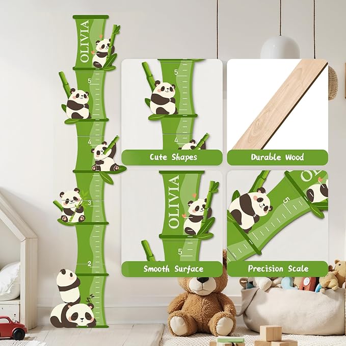 Woodemon Personalized Name Growth Chart, Bamboo Panda Wooden Height Chart, Thick Height Measuring Board, Kids Height Tracker for Nursery Decor, Baby Boy Girl Measurement Ruler