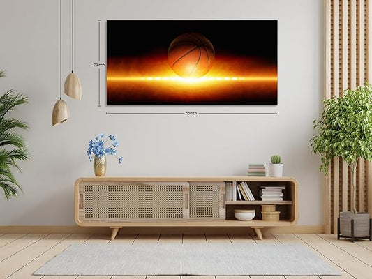 KUNHAAH Wall Art Canvas Painting Abstract Sports Background 1 Piece Basketball Bright Spotlight from Glowing Horizon Picture Poster Print Framed and Stretched Ready to Hang for Living Room Bedroom