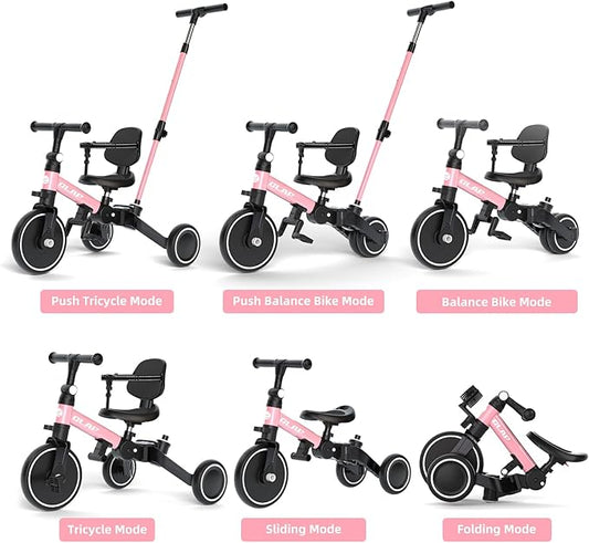 Glaf Tricycle for Toddlers 1-3 Toddler Bike with Push Handle 2-4 Years Baby Bike Toy for 1 Year Old Boys and Girls Balance Bike with Removable Pedal, Backrest, Adjustable Seat, Gifts (Pink