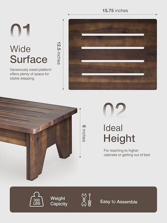 Holana Acacia Wood One Step Stool for Adults - 300 Lbs Wooden Step Stools Heavy Duty for High Bed Riser, Bathroom, Bedroom - Small Stepping Stool for Elderly, Seniors, Kids (Walnut, 6in H)