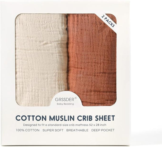 GRSSDER Soft Muslin Crib Sheet 2 Pack, 100% Cotton Crib Sheets for Boys and Girls, Fit Standard Crib Mattresses 52" x 28" Safe and Snug, Brick Red/Beige