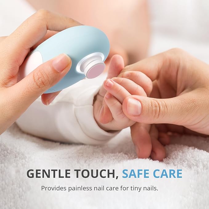 AIRSEE Premium Newborn Gift, Electric Baby Nail File, Cordless Safe Nail Trimmer for Infant, 6 Replacement Heads with Magnetic Storage Case, 360° Light, Baby Clipper, Christmas, Light Blue
