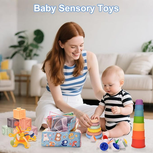 Baby Toys 6-12 Months,Baby Montessori Toys for 1 Year old,6-in-1 Sensory Toys for Babies 6-12 Month,Stacking Cups Building Blocks,Teething Pull String,Tissue Box Toys for 6-9-12-18 Months Baby Gifts