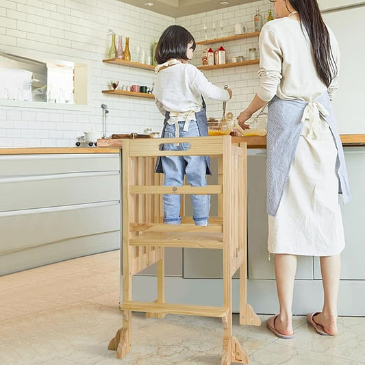 Foldable Toddler Learning Standing Tower, WOOD CITY Montessori Kitchen Step Stool Ideal Helper with 3 Adjustable Heights for Learning New Skills(Natural)