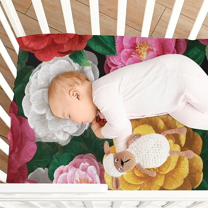 Colorful Camellia Flowers Crib Sheets Standard Crib Toddler Mattresses Cover Fitted Baby Bed Sheet Breathable Crib Mattress Sheet for Girls Boys 39''x27''x9''