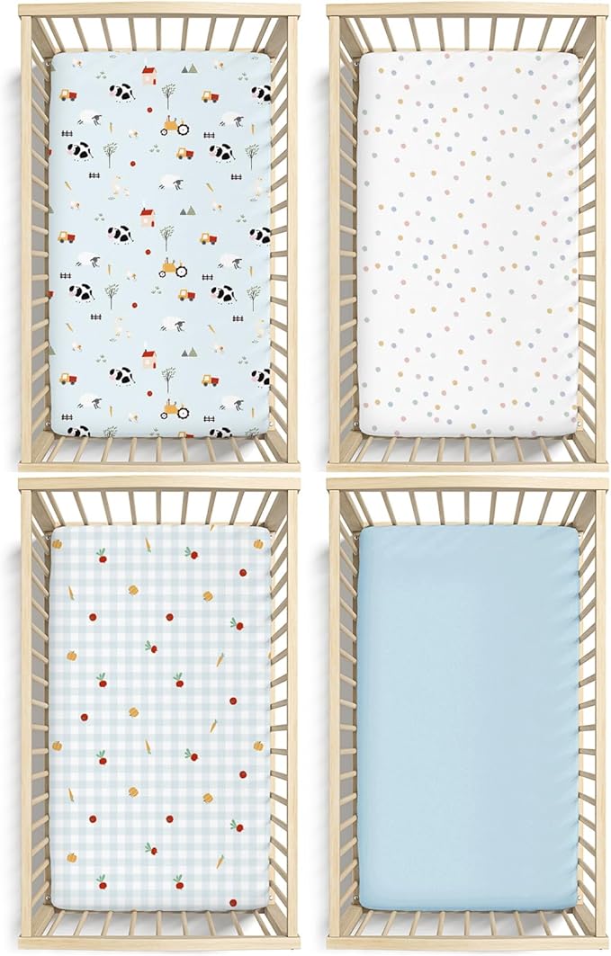 Little Grape Land Toddler Sheets 4 Pack – Baby Crib Sheets Fitted for Boys Girls, Standard Size 28x52‘’ Crib Mattress, Super Soft Breathable Washable Microfiber,Blue Sheep