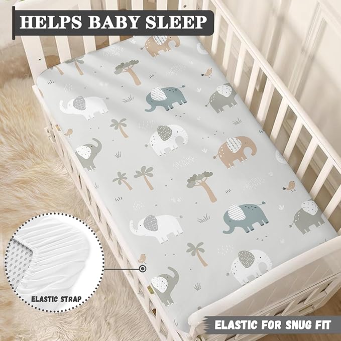 Elephants Fitted Crib Sheet for Boys Girls Trees Birds Animals Print Baby Sheet for Standard Crib and Toddler Elephant Grey Nursery Bed Mattress Sheets 28"x52"