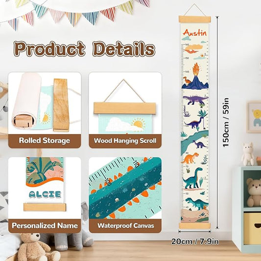 Personalized Name Growth Chart for Kids, Dinosaur Canvas Height Growth Chart, Kids Measuring Chart for Wall, Kids Room Wall Decor, Removable & Waterproof Growth Chart Ruler