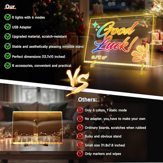 Led Drawing Board for Kids with 8 Colors 6 Modes -13.7"X10" Led Note Board with Colors, Acrylic Dry Erase Board Includes Adapter, 7 Markers, Tracing Paper, Gift for Kids/Girls/Teens/Teen