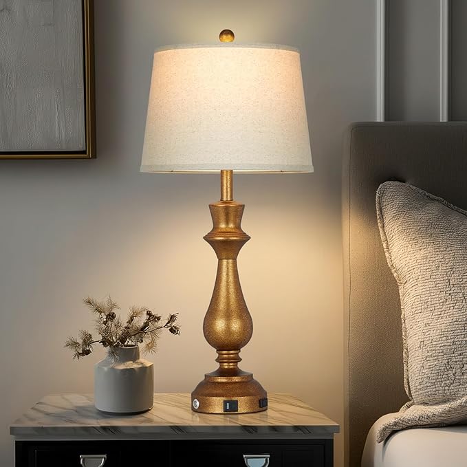 luxeflow Retro Gold Table Lamps Set of 2 for Living Room,30" Tall Bedside Lamp with USB Charging Port,3-Way Dimmable Touch Nightstand Lamp for Bedroom Desk Side Table Office,Copper Gold