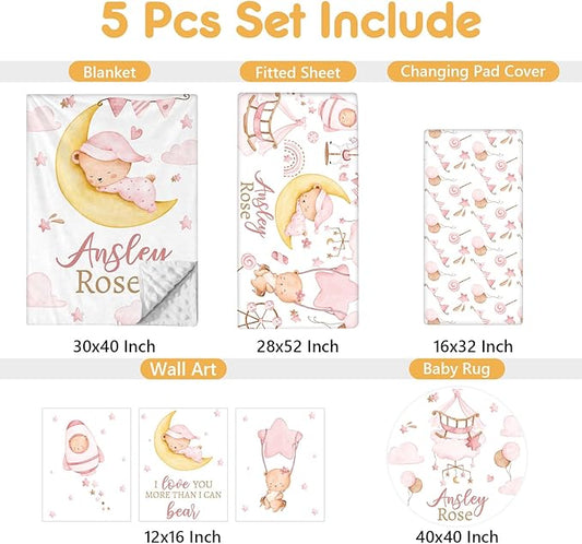 Custom Crib Bedding Set, 5 Pcs Customized Baby Crib Set with Name, Soft Double Layer Nursery Baby Bedding Set for Girls Boys, Personalized for Infants Toddlers, Pink Moon Bear