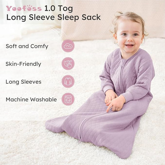 Yoofoss Baby Sleep Sack 0-6 Months 1.0 Tog Long Sleeve Sleep Sack Organic Cotton Wearable Blanket for Newborns 2-Way Zipper Quilted Sleeping Sacks(Small)