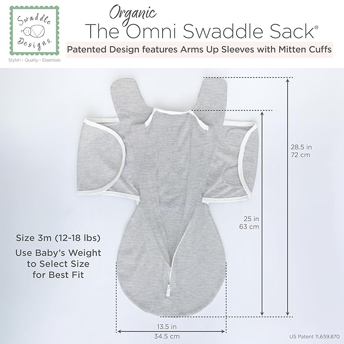 SwaddleDesigns Organic 6-Way Omni Swaddle Sack Arms Up Swaddle for Newborn, More Options to Calm Startle Reflex, Improves Sleep, 12-18 lbs, Heathered Gray