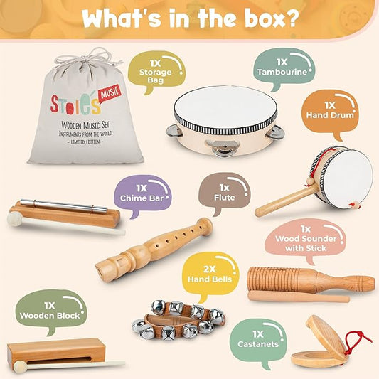 Stoie's Wooden Toddler Musical Instruments with Drum, Hand Bells, Flute, Maracas, Castanet, Tamburine, for Babies and Kids, Eco Friendly Montessori Educational Toy