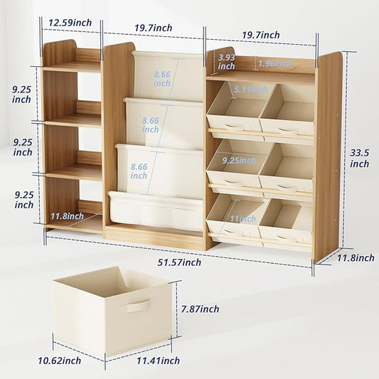 IKALIFE Kids Toy Book Storage Organizer - Large Bookshelf with 7 Removable Bins, Baby Bookshelf and Toy Storage, 4-Tier Book Shelf for Kids Room, Playroom, Classroom, 51 inch, Burlywood