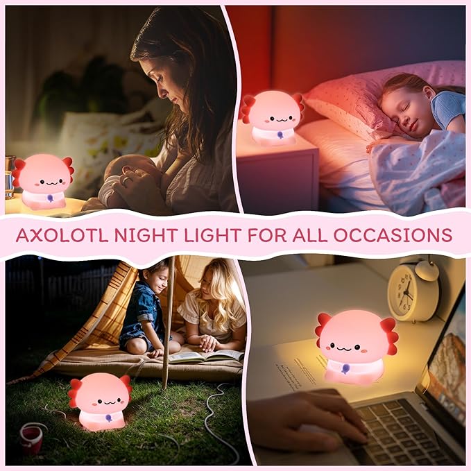 MAGOHMT Axolotl Night Light for Kids - 3-Level Dimmer & Auto-Off Timer, Child-Safe Silicone Lamp, USB-C Rechargeable Nursery Light for Bedroom Breastfeeding (Squishy Animal)