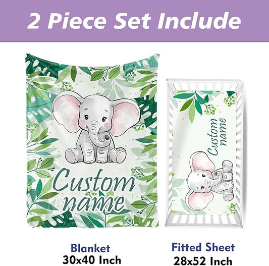 Custom Name Crib Bedding Set with Name - 2 Piece Elephant Series Baby Set with Blanket and Crib Sheet, Cozy and Durable Infant Nursery Bedding, Gifts for Toddler