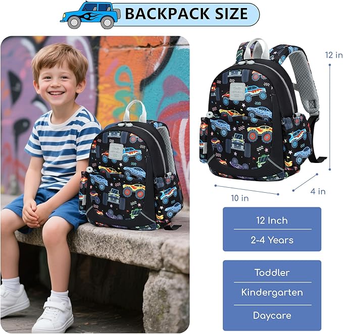 CAMTOP Toddler Backpack for Boys Girls 2-4, Kids Backpacks for Kindergarten Preschool, 12" H Small Bookbag for Daycare Travel (Black, 12''- Not fit A4 folder)