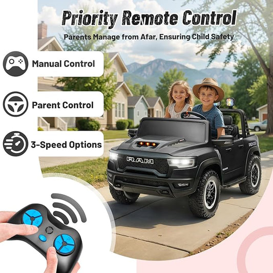 Electric Car for Kids, Licensed Ram 1500 RHO, 24V Ride on Toys for Big Kids, Battery Powered with Parent Remote Control, LED Light/Music/MP3, Back Storage, Black, Roll Bar